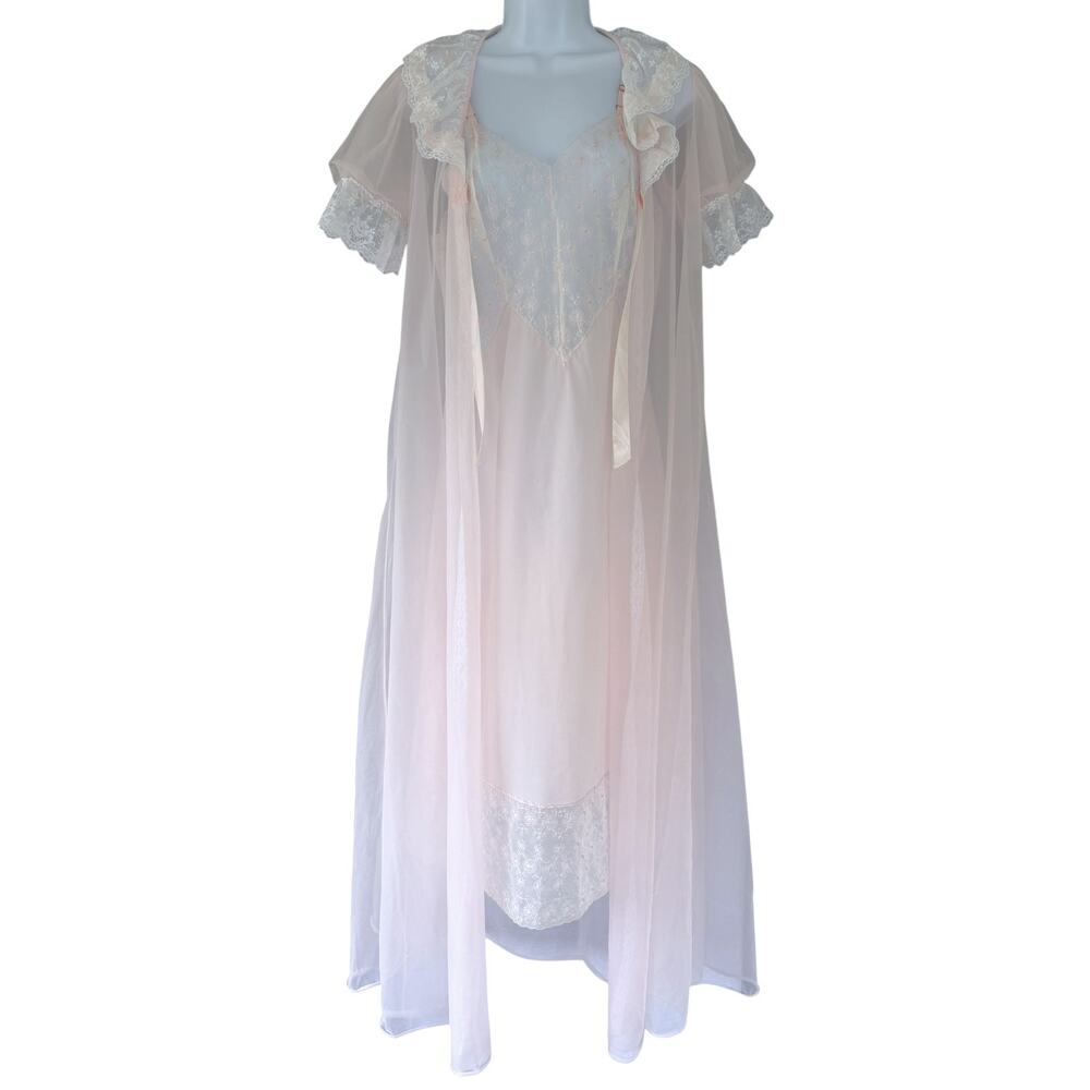 VTG Val Mode Pink Peignoir Set Women's S Lace Nightgown Robe Coquette Honeymoon